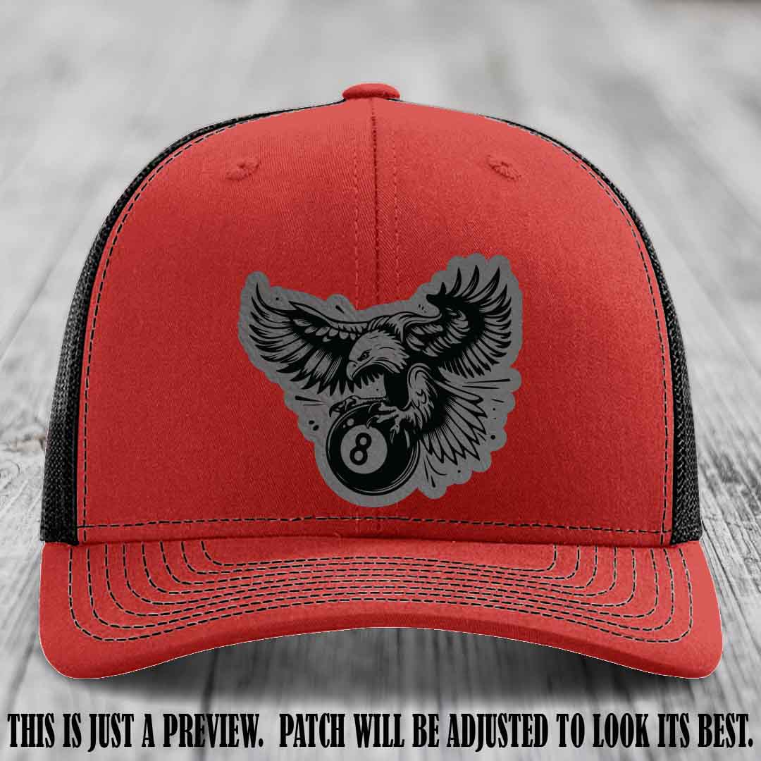 Eagle Eightball leather patch hat in Grey to Black Patch on Red to Black Hat
