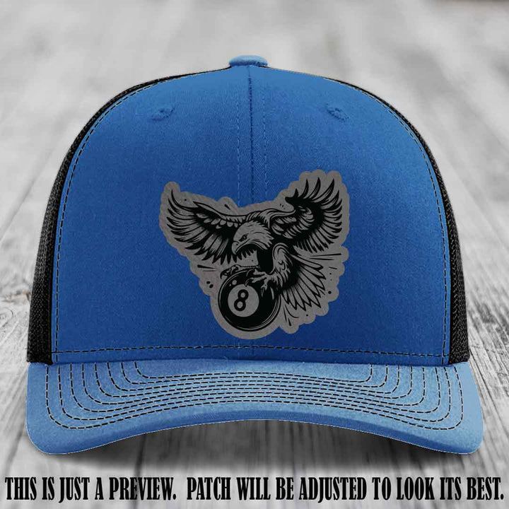 Eagle Eightball leather patch hat in Grey to Black Patch on Royal to Black Hat
