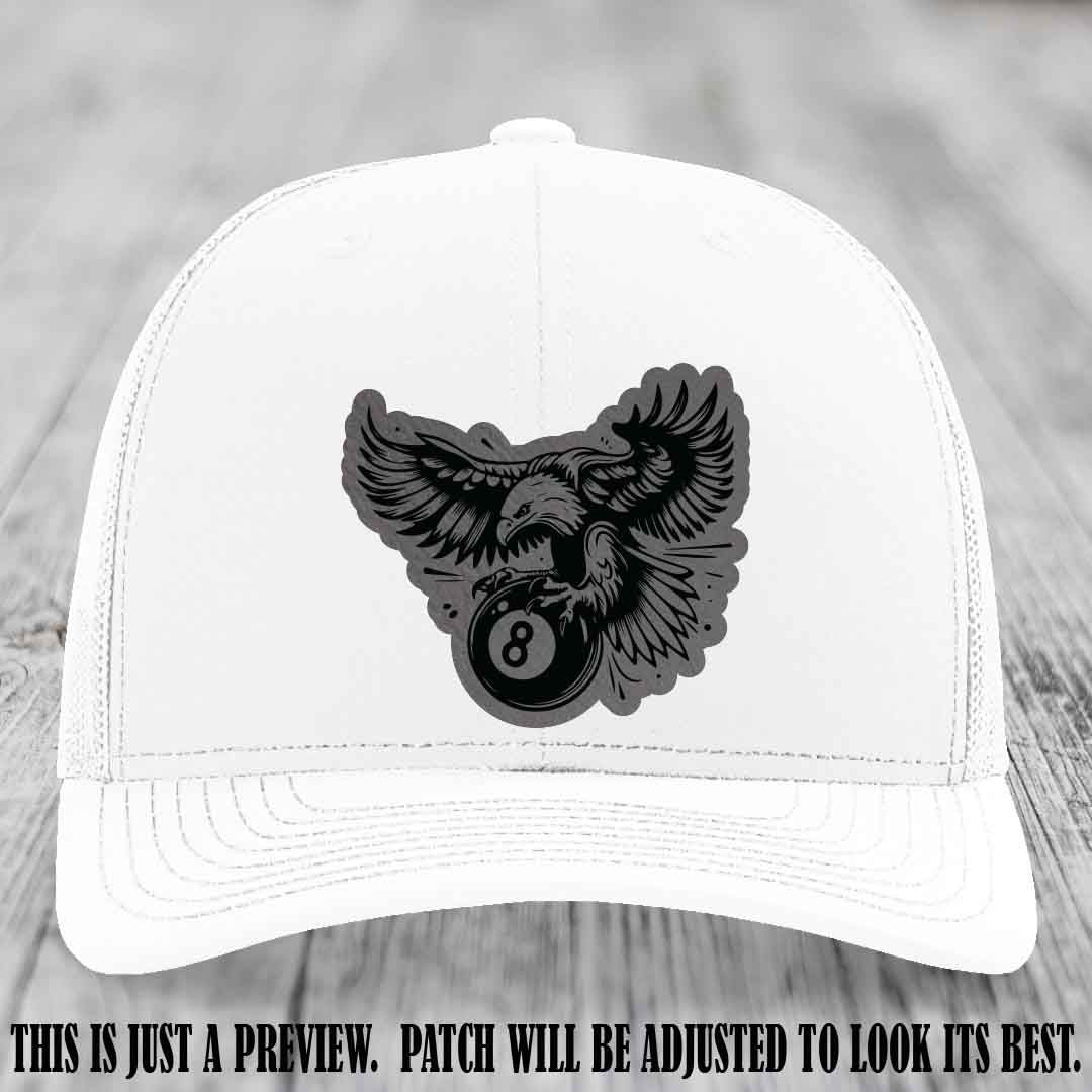Eagle Eightball leather patch hat in Grey to Black Patch on White Hat