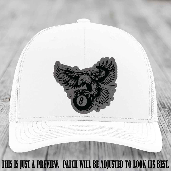 Eagle Eightball leather patch hat in Grey to Black Patch on White Hat