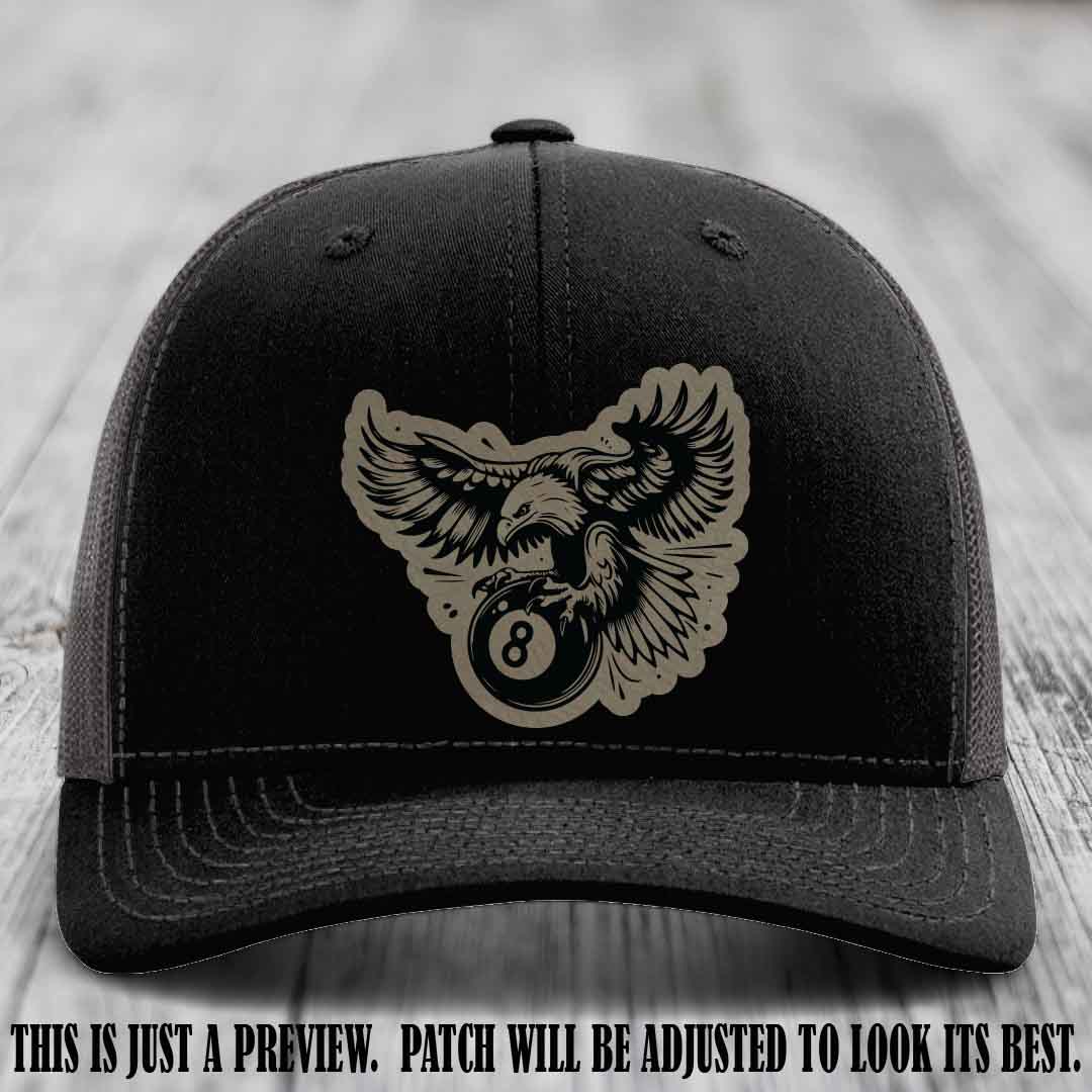 Eagle Eightball leather patch hat in Light Brown to Black Patch on Black to Charcoal Hat