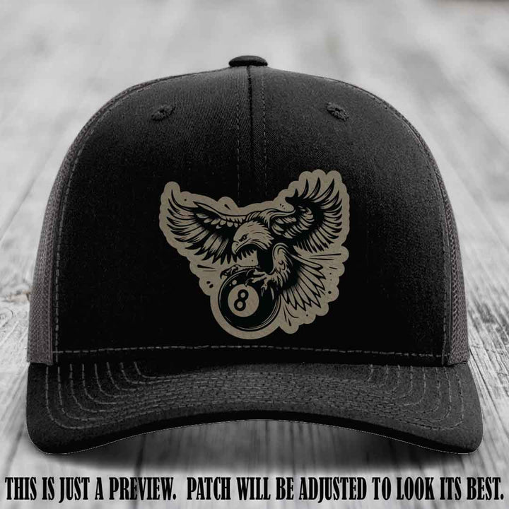 Eagle Eightball leather patch hat in Light Brown to Black Patch on Black to Charcoal Hat