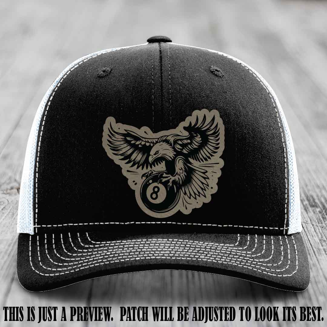 Eagle Eightball leather patch hat in Light Brown to Black Patch on Black to White Hat