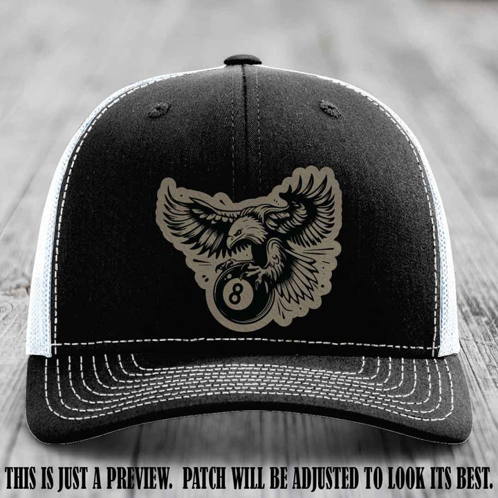 Eagle Eightball leather patch hat in Light Brown to Black Patch on Black to White Hat