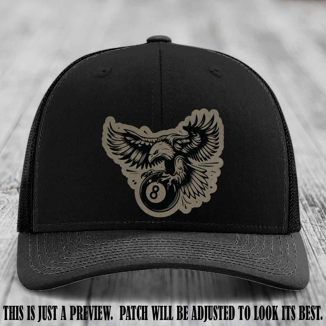 Eagle Eightball leather patch hat in Light Brown to Black Patch on Black Hat