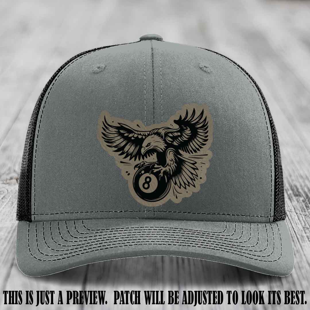 Eagle Eightball leather patch hat in Light Brown to Black Patch on Heather Grey to Black Hat