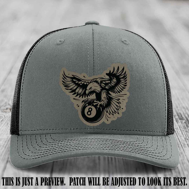 Eagle Eightball leather patch hat in Light Brown to Black Patch on Heather Grey to Black Hat
