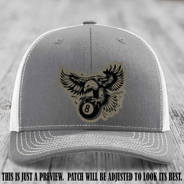 Eagle Eightball leather patch hat in Light Brown to Black Patch on Heather Grey to White Hat