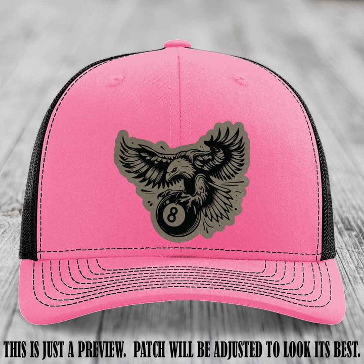 Eagle Eightball leather patch hat in Light Brown to Black Patch on Hot Pink to Black Hat