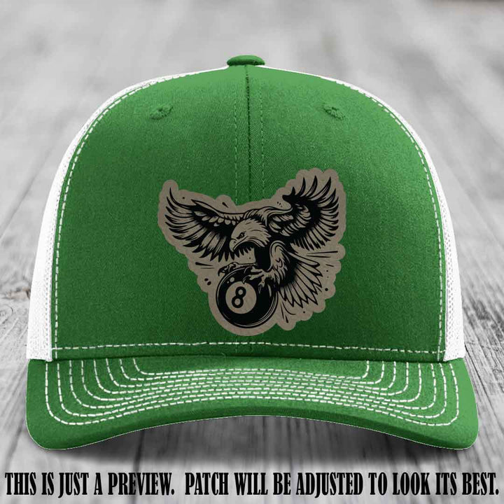 Eagle Eightball leather patch hat in Light Brown to Black Patch on Kelly to White Hat