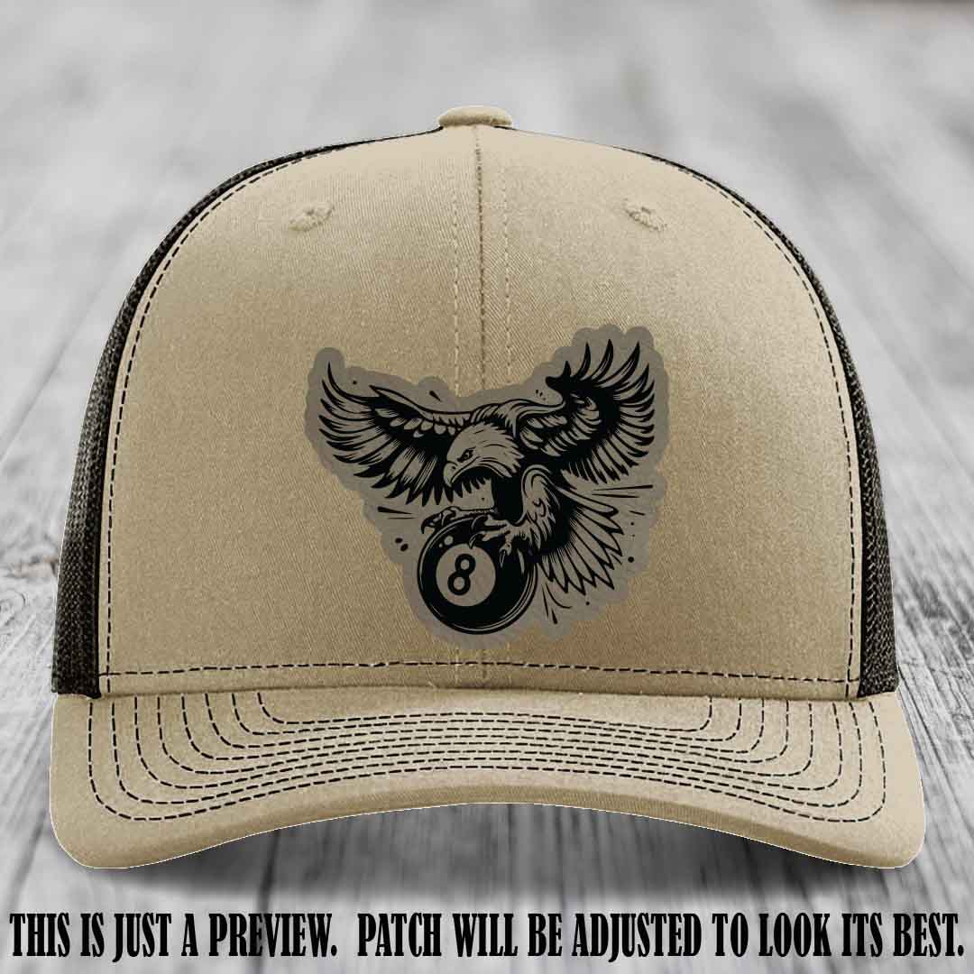 Eagle Eightball leather patch hat in Light Brown to Black Patch on Khaki to Coffee Hat