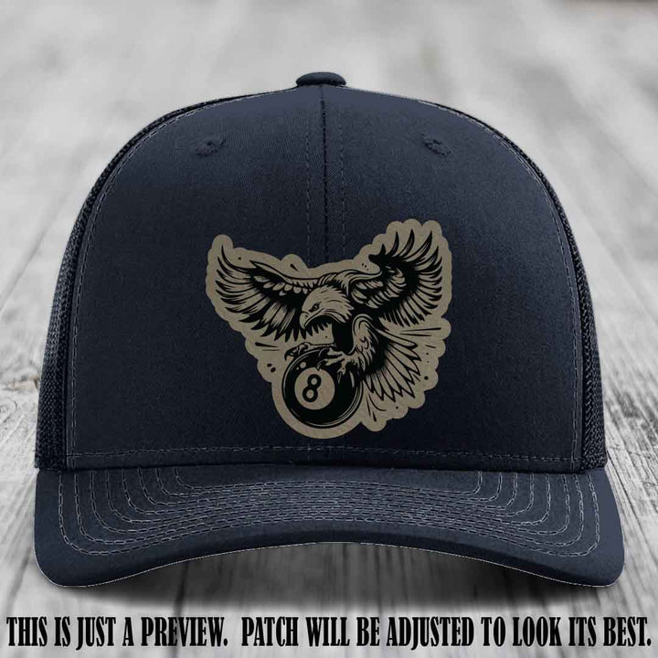 Eagle Eightball leather patch hat in Light Brown to Black Patch on Navy Hat