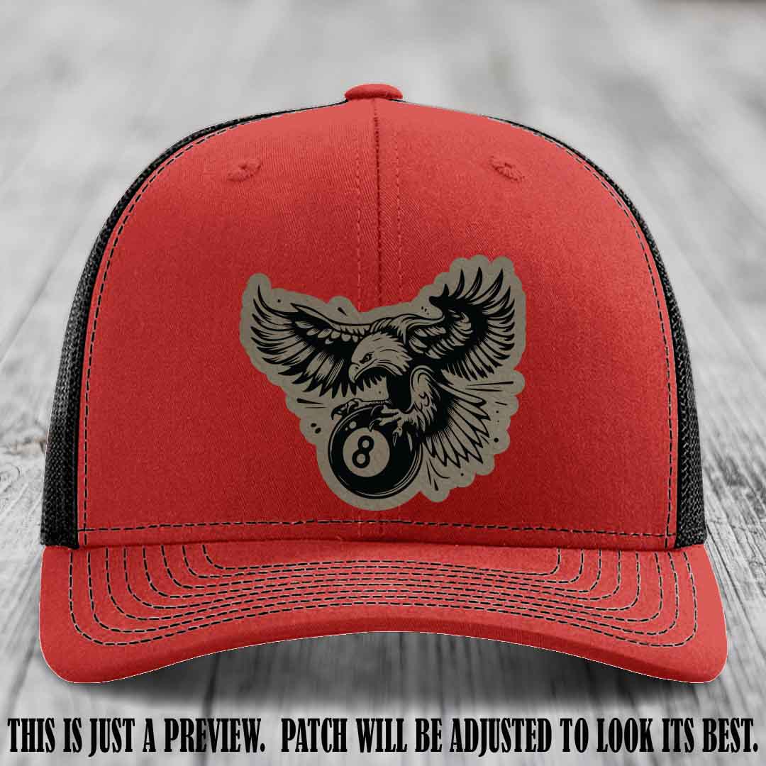 Eagle Eightball leather patch hat in Light Brown to Black Patch on Red to Black Hat