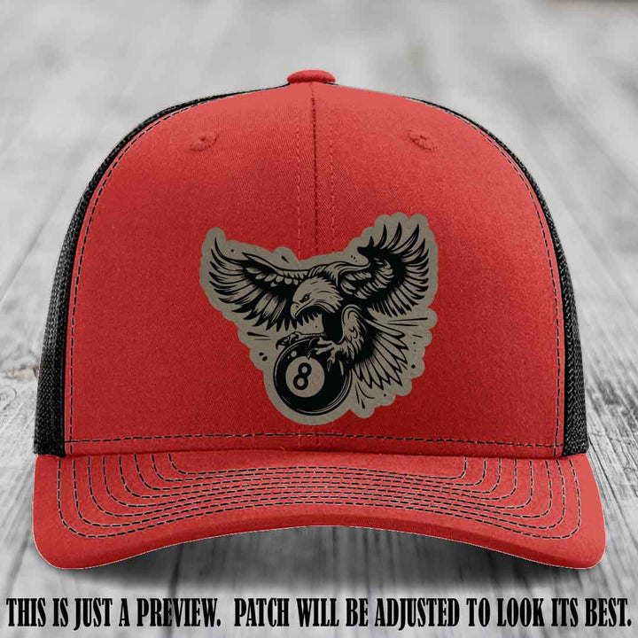Eagle Eightball leather patch hat in Light Brown to Black Patch on Red to Black Hat
