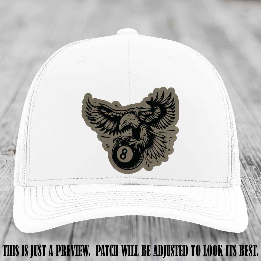 Eagle Eightball leather patch hat in Light Brown to Black Patch on White Hat