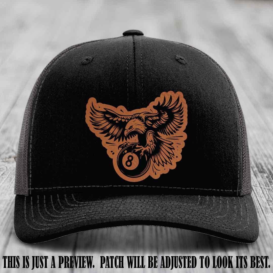 Eagle Eightball leather patch hat in Rawhide to Black Patch on Black to Charcoal Hat