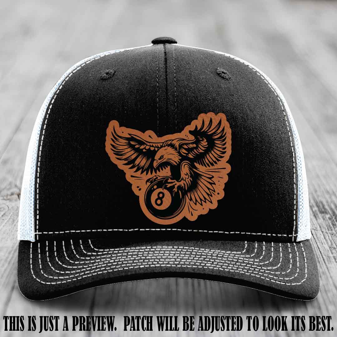 Eagle Eightball leather patch hat in Rawhide to Black Patch on Black to White Hat