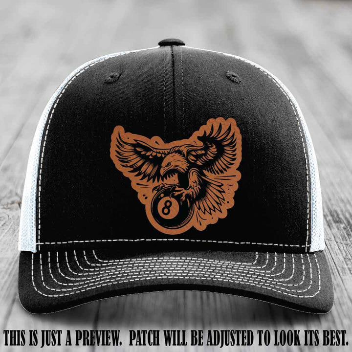 Eagle Eightball leather patch hat in Rawhide to Black Patch on Black to White Hat
