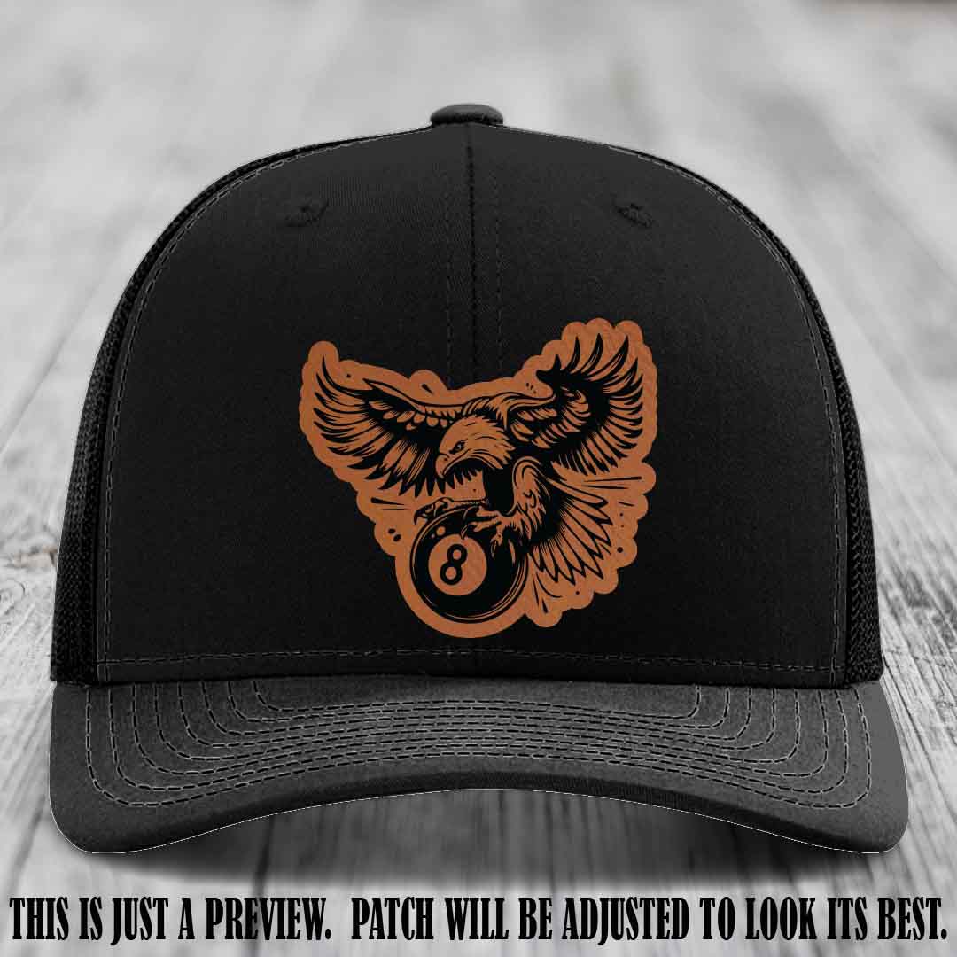 Eagle Eightball leather patch hat in Rawhide to Black Patch on Black Hat