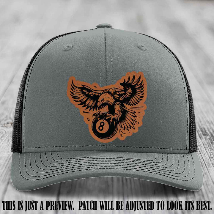 Eagle Eightball leather patch hat in Rawhide to Black Patch on Heather Grey to Black Hat