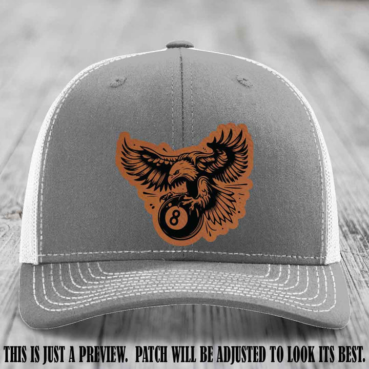 Eagle Eightball leather patch hat in Rawhide to Black Patch on Heather Grey to White Hat