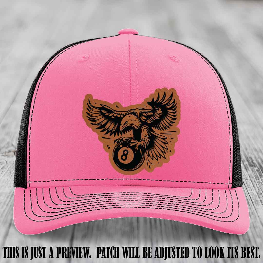 Eagle Eightball leather patch hat in Rawhide to Black Patch on Hot Pink to Black Hat