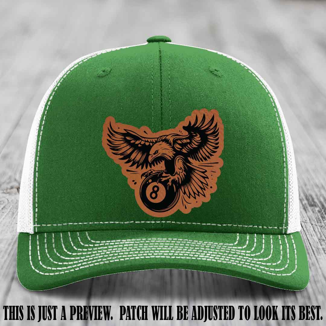 Eagle Eightball leather patch hat in Rawhide to Black Patch on Kelly to White Hat