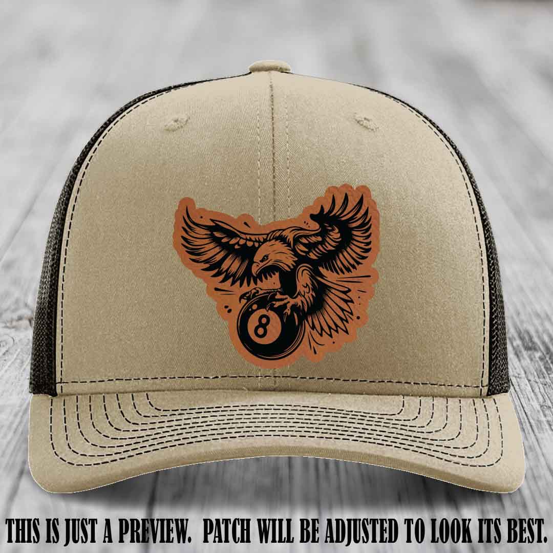 Eagle Eightball leather patch hat in Rawhide to Black Patch on Khaki to Coffee Hat