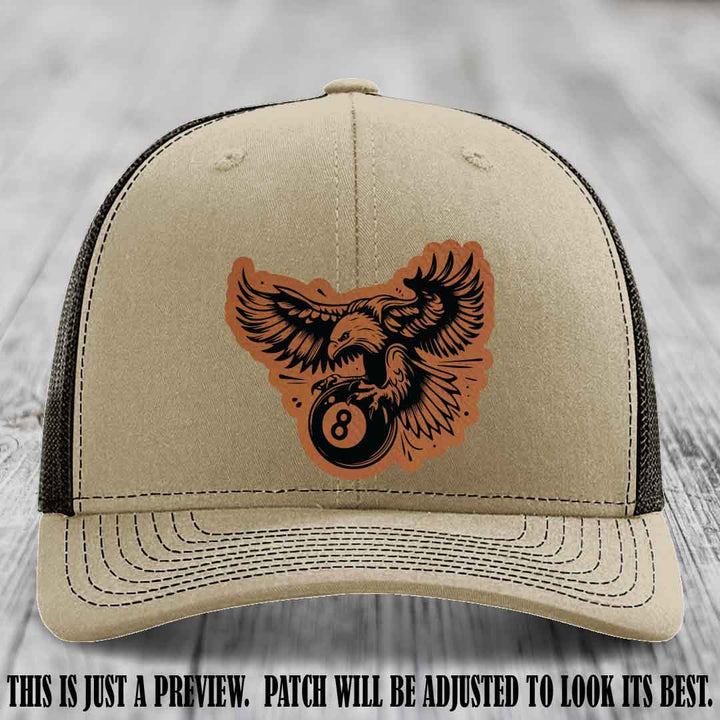 Eagle Eightball leather patch hat in Rawhide to Black Patch on Khaki to Coffee Hat