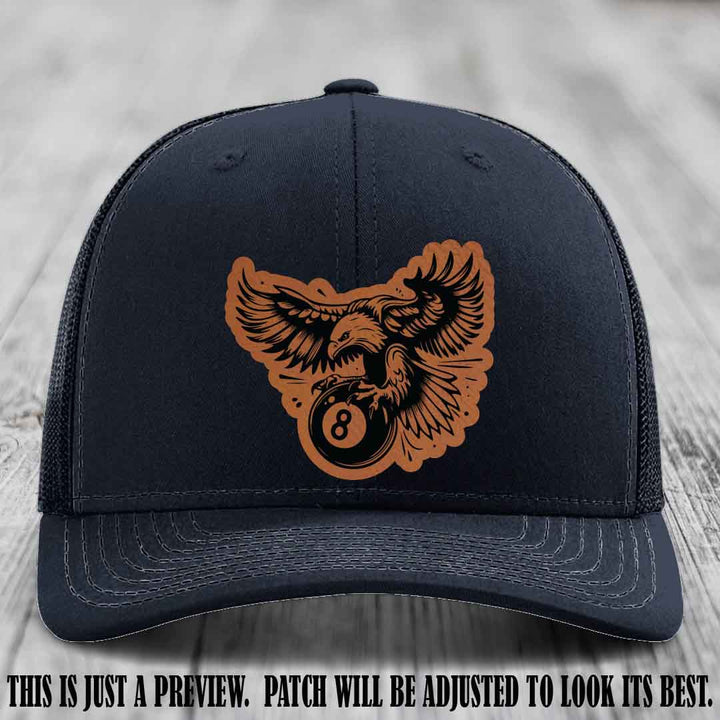Eagle Eightball leather patch hat in Rawhide to Black Patch on Navy Hat