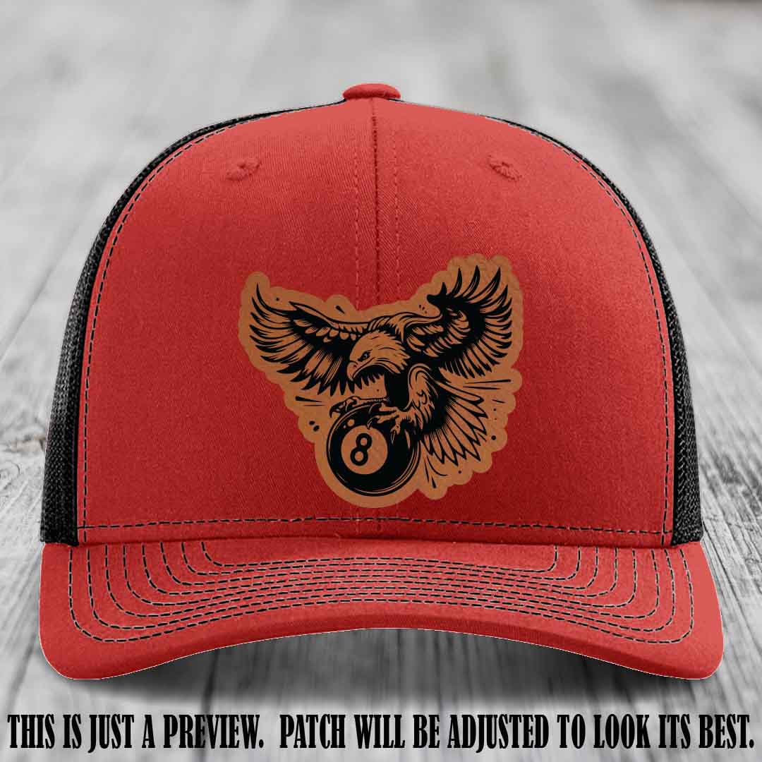 Eagle Eightball leather patch hat in Rawhide to Black Patch on Red to Black Hat