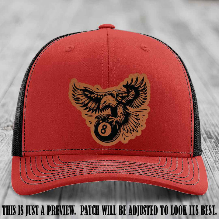 Eagle Eightball leather patch hat in Rawhide to Black Patch on Red to Black Hat