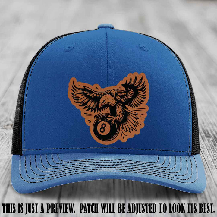 Eagle Eightball leather patch hat in Rawhide to Black Patch on Royal to Black Hat