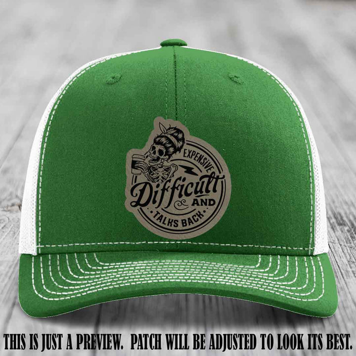 Expensive Difficult & Talks Back ☕💀 Leather Patch Hat with Light Brown to Black Patch on Kelly to White Hat