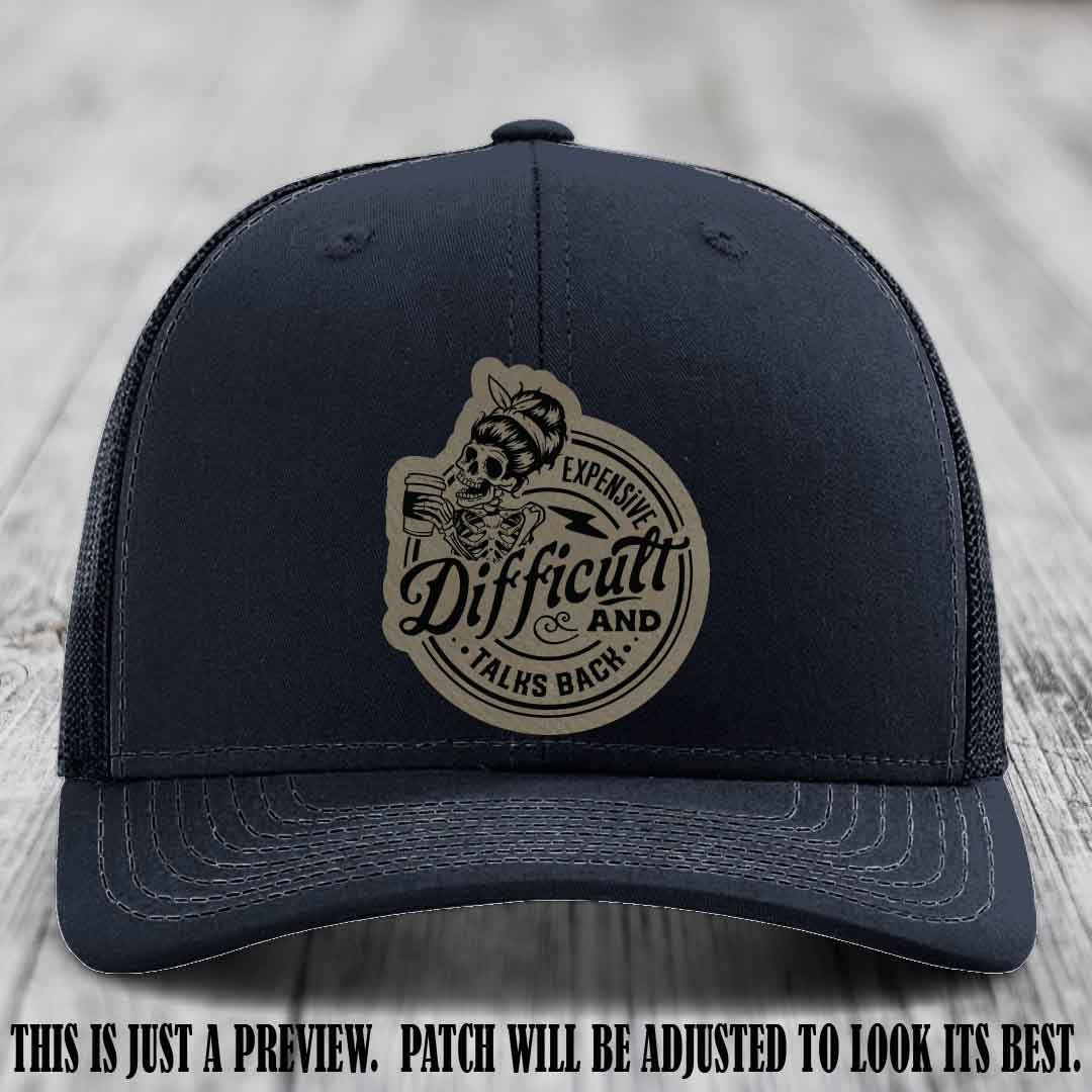 Expensive Difficult & Talks Back ☕💀 Leather Patch Hat with Light Brown to Black Patch on Navy Hat