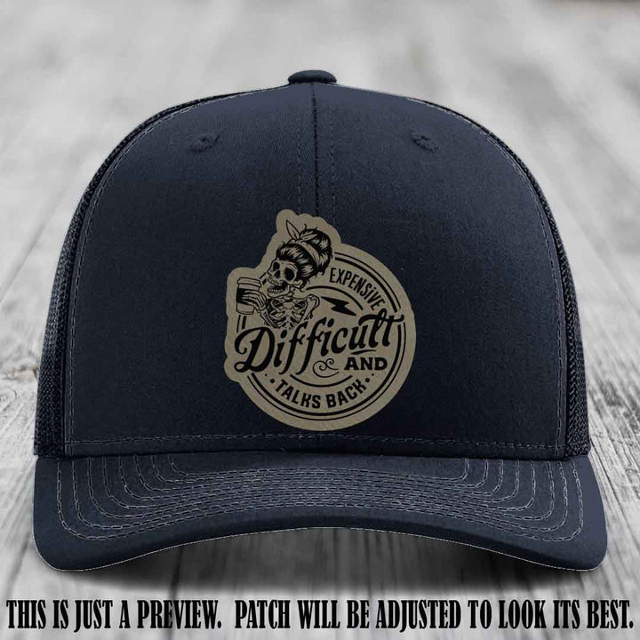 Expensive Difficult & Talks Back ☕💀 Leather Patch Hat with Light Brown to Black Patch on Navy Hat
