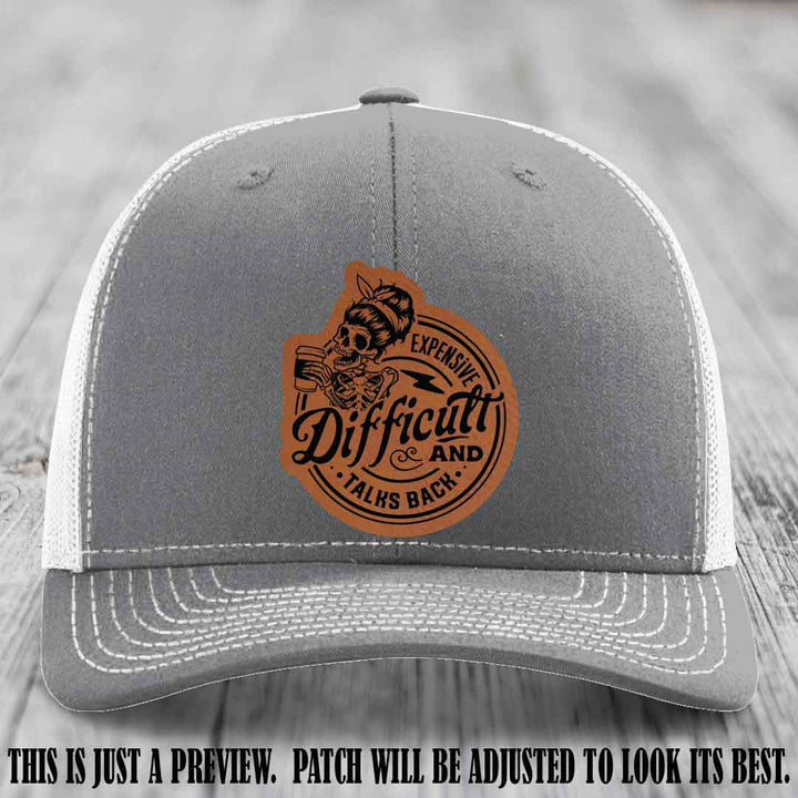 Expensive Difficult & Talks Back ☕💀 Leather Patch Hat with Rawhide to Black Patch on Heather Grey to White Hat