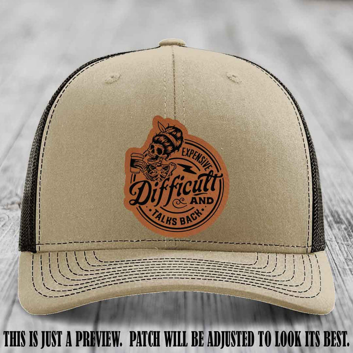 Expensive Difficult & Talks Back ☕💀 Leather Patch Hat with Rawhide to Black Patch on Khaki to Coffee Hat
