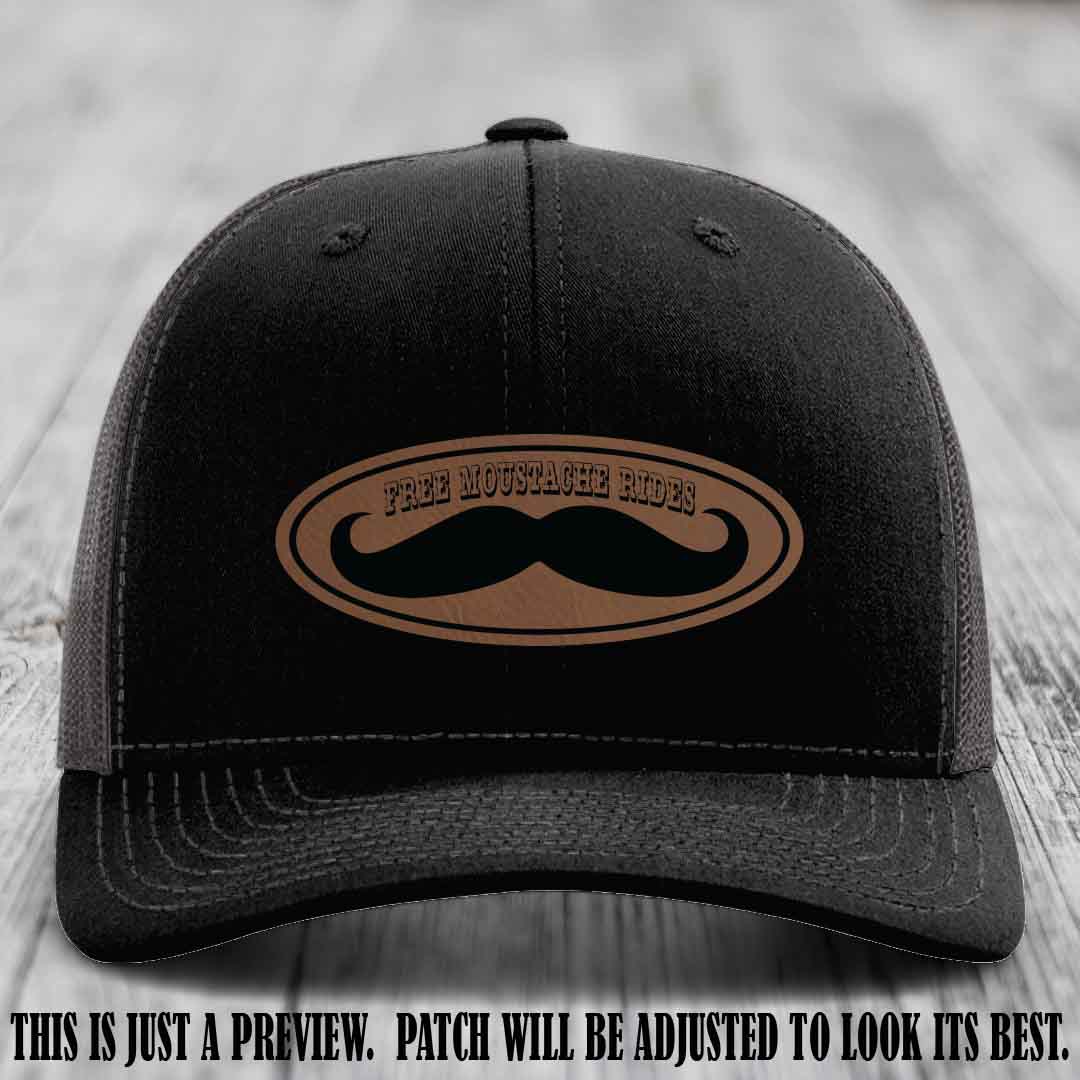 Free Moustache Rides 🥸 Leather Patch Hat | Richardson 112 Custom Trucker Dark Brown to Black Patch on Black to Charcoal Hat