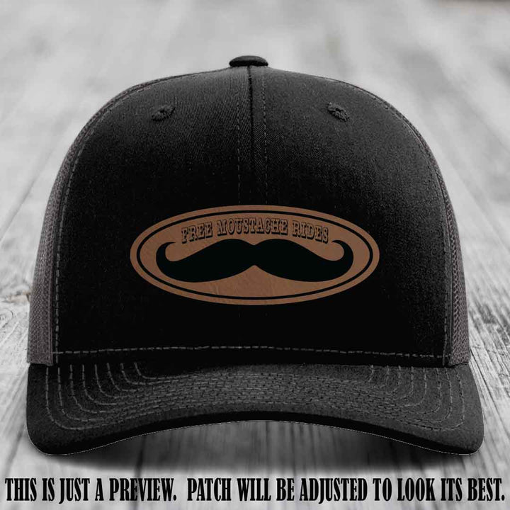Free Moustache Rides 🥸 Leather Patch Hat | Richardson 112 Custom Trucker Dark Brown to Black Patch on Black to Charcoal Hat