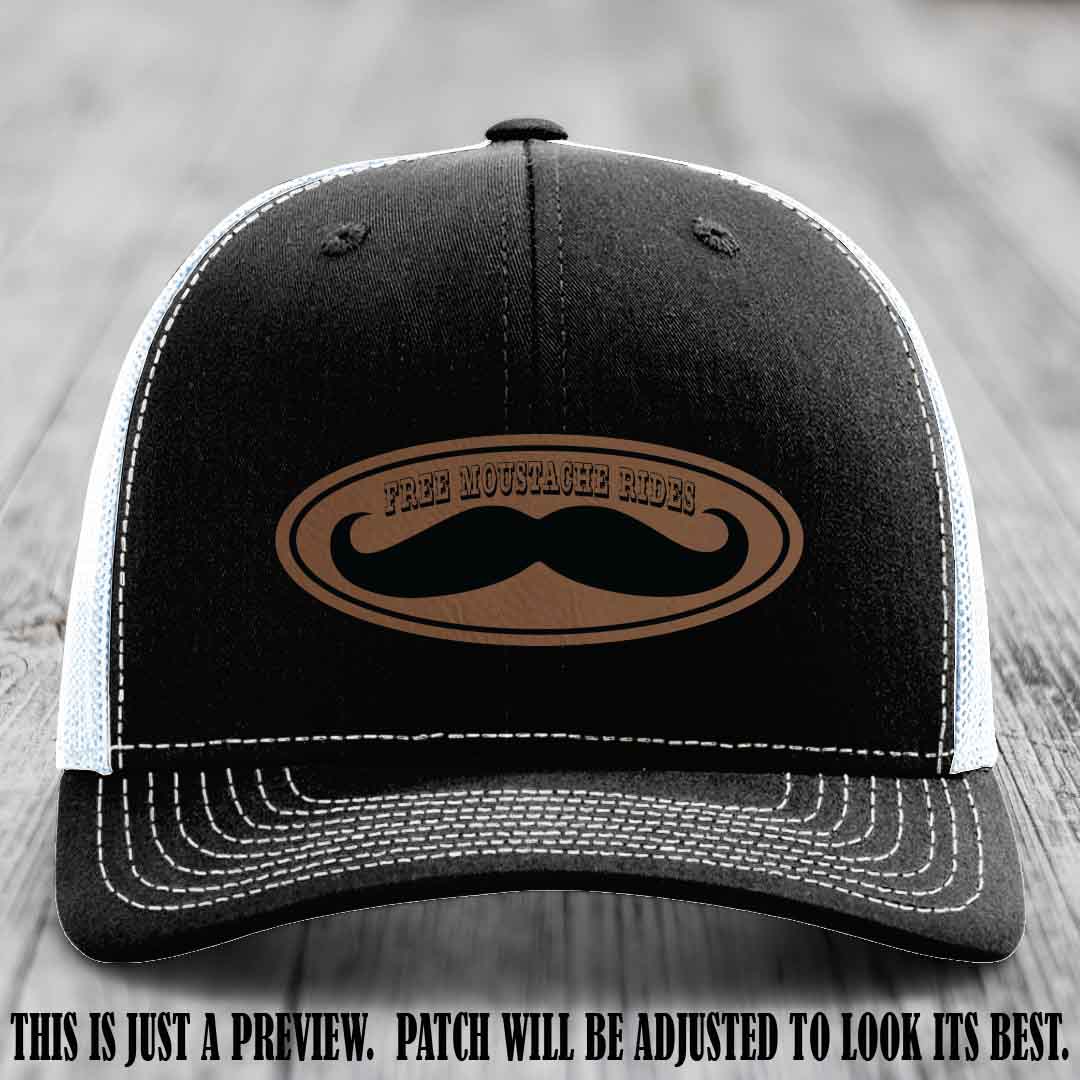 Free Moustache Rides 🥸 Leather Patch Hat | Richardson 112 Custom Trucker Dark Brown to Black Patch on Black to White Hat