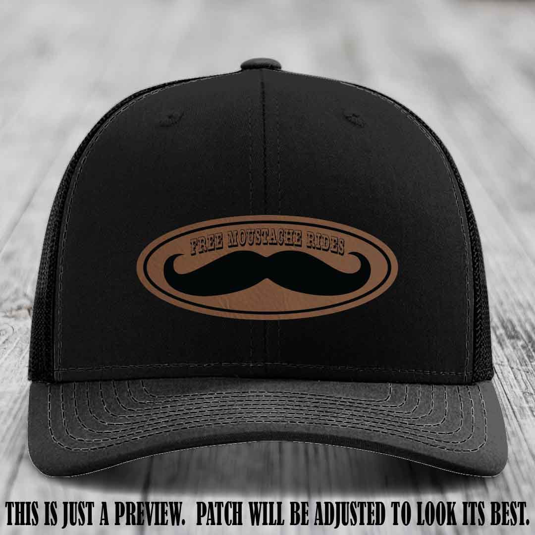 Free Moustache Rides 🥸 Leather Patch Hat | Richardson 112 Custom Trucker Dark Brown to Black Patch on Black Hat
