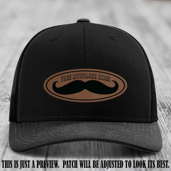 Free Moustache Rides 🥸 Leather Patch Hat | Richardson 112 Custom Trucker Dark Brown to Black Patch on Black Hat