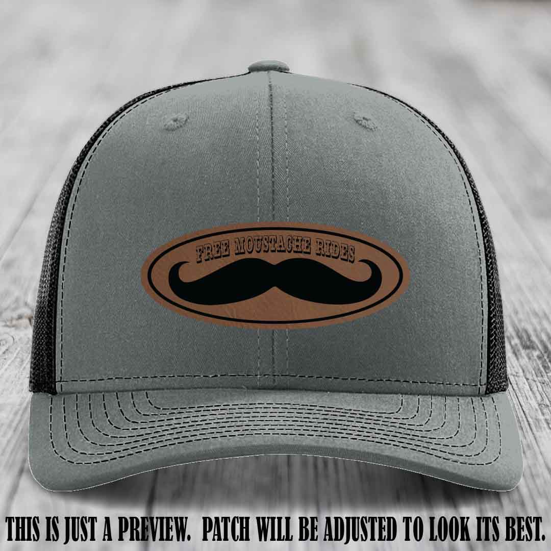 Free Moustache Rides 🥸 Leather Patch Hat | Richardson 112 Custom Trucker Dark Brown to Black Patch on Heather Grey to Black Hat