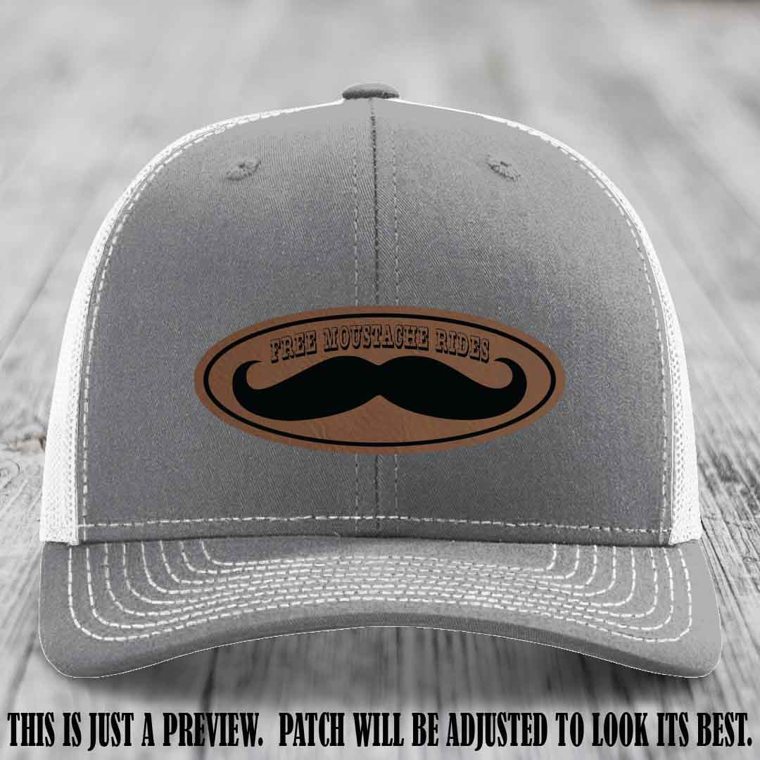 Free Moustache Rides 🥸 Leather Patch Hat | Richardson 112 Custom Trucker Dark Brown to Black Patch on Heather Grey to White Hat
