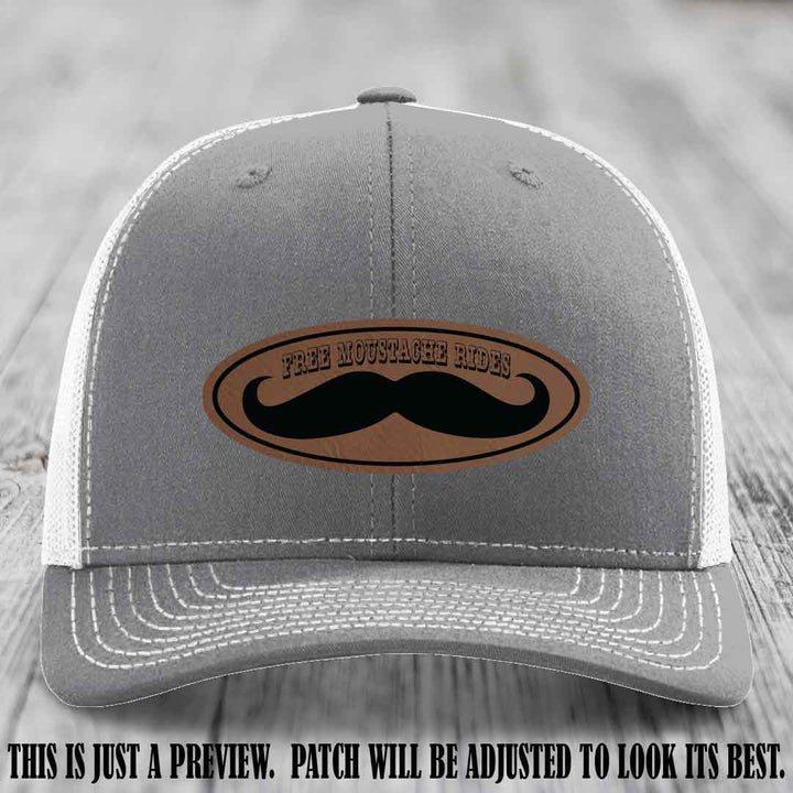 Free Moustache Rides 🥸 Leather Patch Hat | Richardson 112 Custom Trucker Dark Brown to Black Patch on Heather Grey to White Hat