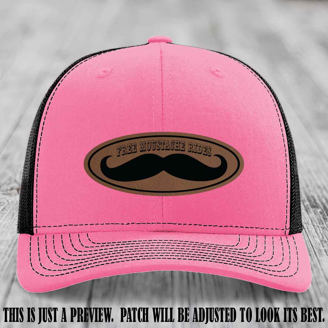 Free Moustache Rides 🥸 Leather Patch Hat | Richardson 112 Custom Trucker Dark Brown to Black Patch on Hot Pink to Black Hat