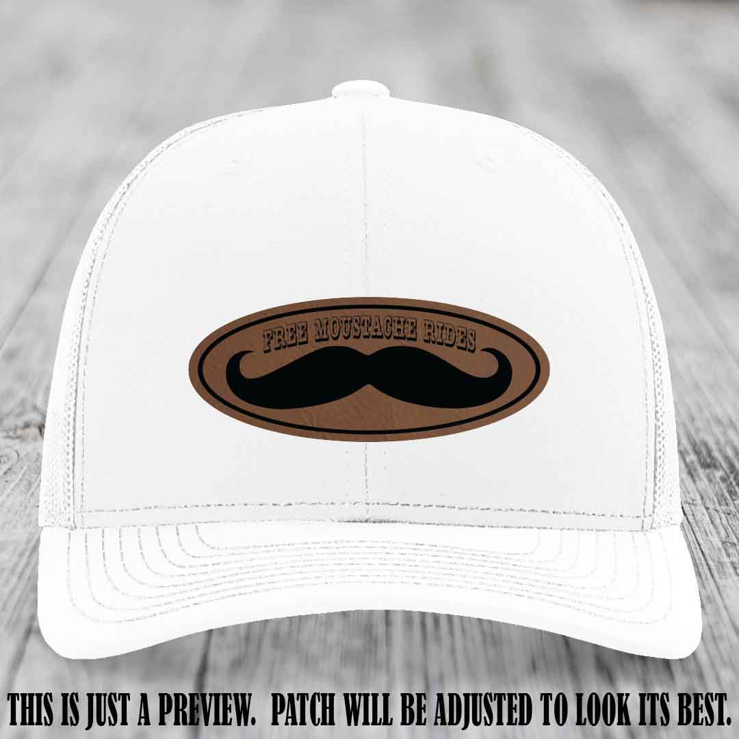 Free Moustache Rides 🥸 Leather Patch Hat | Richardson 112 Custom Trucker Dark Brown to Black Patch on White Hat