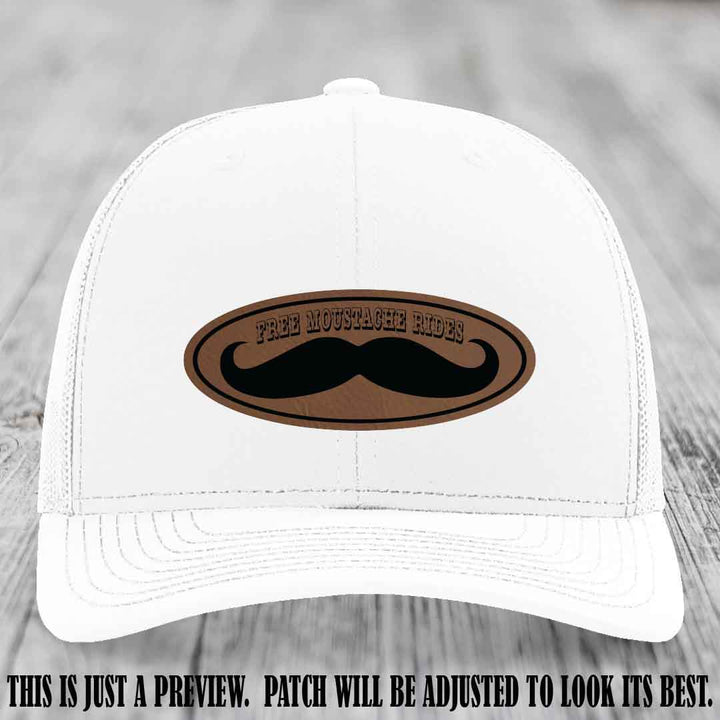 Free Moustache Rides 🥸 Leather Patch Hat | Richardson 112 Custom Trucker Dark Brown to Black Patch on White Hat