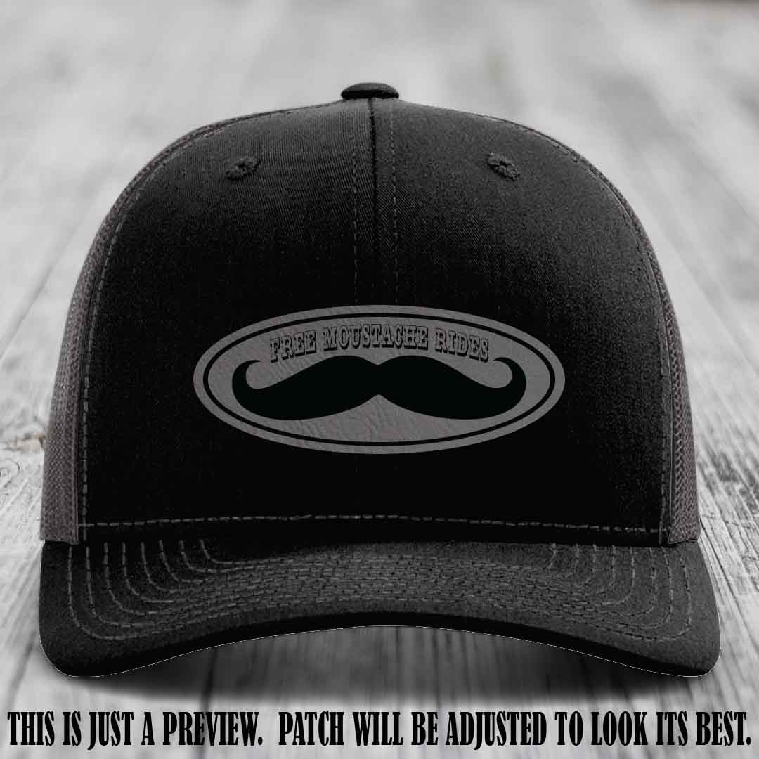 Free Moustache Rides 🥸 Leather Patch Hat | Richardson 112 Custom Trucker Grey to Black Patch on Black to Charcoal Hat